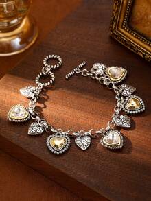 1 Piece Vintage Silver Heart Multi Charms Bracelet For Women,OT Buckle,Copper Alloy Chain,Gift For Daily Decoration Valentines,Mom,Mother,Mother's Day - Heart Multi-pendant Bracelet - View 7