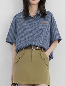 宽松翻领刺绣格子衬衫女短袖上衣百搭夏季新款 - 藍色 - 查看 3