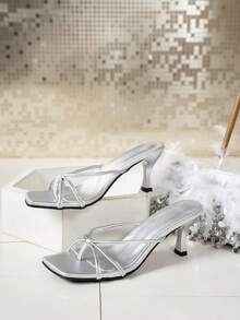 BIZCHIC Silver High Heel Sandals Suitable For Women, Multiple Crossed Straps Design, Elegant For Summer Weddings And Graduations, Fashionable For Holiday And Spring Events Formal Heels, Suitable For Business Casual Special Occasions