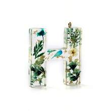 1pc Resin Dried Flower Letter Pendant, Floral Leaf & Golden Sequin Design, For DIY Keychains, Bag Charms, Etc.