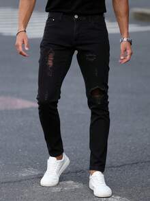 Pantalones jeans ajustados para hombres en denim negro con desgarros, tela suave y elástica, ideales para estilos casuales y modernos - Negro - Ver 3