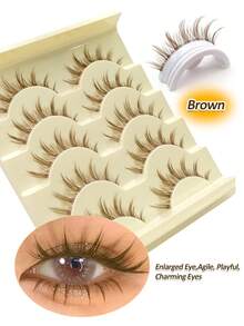 Rikuaild 5对棕色娃娃款自然假睫毛，动漫风格 - 透明睫毛梗，柔软自然，卡通妆效，狐狸眼效果，仙女风格，适合旅行、日常妆容、角色扮演 - 可重复使用的条状假睫毛 - 尖尾漫畫款 - 查看 5