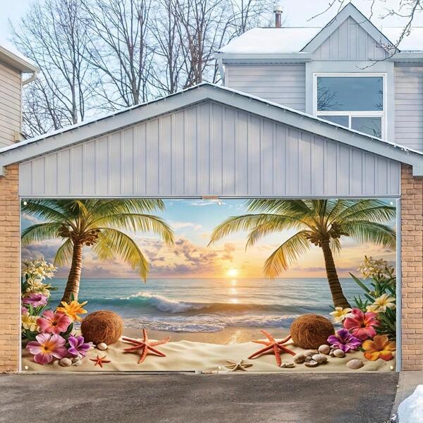 2D Door Banner, 1 Summer Beach Garage Door Banner - Vibrant Ocean, Palm Tree, And Beach Design, 2D Polyester Fiber Party Background, Suitable For Indoor/Outdoor, Garden, Terrace, And Commercial Activities