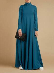 Muslim Autumn High Neck Long Sleeved Sun Skirt Fashionable Women's Long Length Dress Loose And Elegant Solid Color Casual, Modest