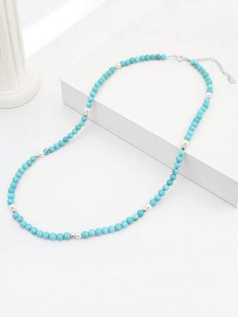 1pc Vintage S925 Silver Turquoise Beaded Handmade Shell & Pearl Necklace, Lightweight Luxurious Layered Necklace, Suitable For Women Daily Wear