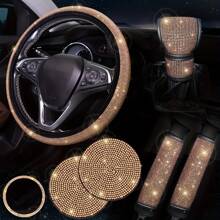 7-Piece Set Of Shiny Car Steering Wheel Cover, With Cup Holder Coaster And Gear Shift Knob Cover, Polyester Fiber Car Diamond Steering Wheel Cover Set, Seat Belt Cushion And Start Button Ring, Universal, No Inner Ring