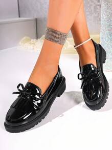 Women's New Vintage Chunky Heel Bow Slip-On Loafer Shoes, Fashionable Patent Leather Oxford Casual Flats, Comfortable & Soft, Ideal For Shopping, All Season Wear