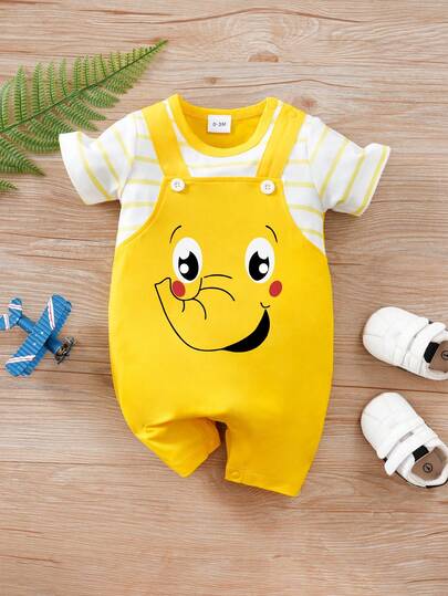 男婴卡通大象围兜二合一条纹短袖连体衣，夏季