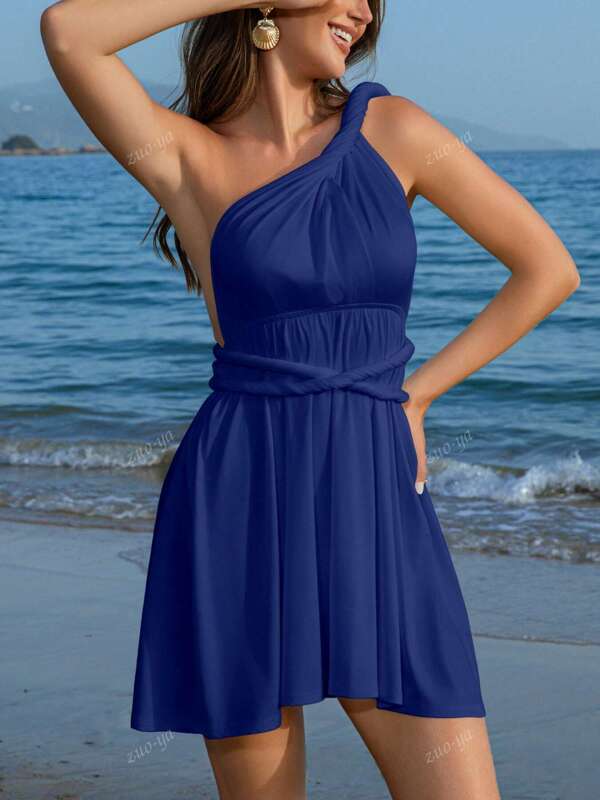 Women Summer Beach Vacation Open Back Tie Back One Shoulder Crisscross Waist Cover Up Dress