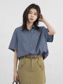 宽松翻领刺绣格子衬衫女短袖上衣百搭夏季新款 - 藍色 - 查看 1