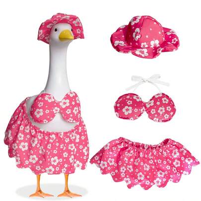 1 Set Hawaiian Pink Cherry Blossom Bikini Lawn Goose Outfit Suitable For 17/23 Inch Cement Proch Goose Clothes For Holiday Home Party Garden Yard Decor