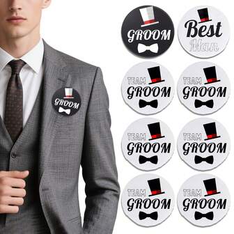 新郎团队纽扣 - 新郎和伴郎团队 | 单身派对礼品用品装饰品男士回礼套装礼物新娘别针婚礼套装新娘伴郎礼物创意订婚配饰