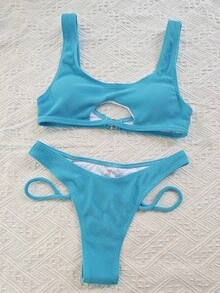 Woman Cut Out Basic Style Solid Bikini Set Slender Swimsuit, Real Photos,Vacation Outfits Woman - Lake Blue - View 3