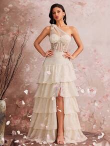 Women's Corset Fishbone Handmade 3D Flower Embroidered Sequin Slanted Shoulder Slit A Line Sexy Dress Adjustable Back Strap Suitable For Different Body ,Elegant Luxurious Long Dress For Women, Making Women Younger And More Charming, Suitable For Various Parties, Graduations, Weddings, Events And Various Banquets Dancing Parties, Formal Ball Gown Party Dress, Wedding Guest Dress ,Evening Dress(Deluxe Edition) - 杏色 - 查看 1