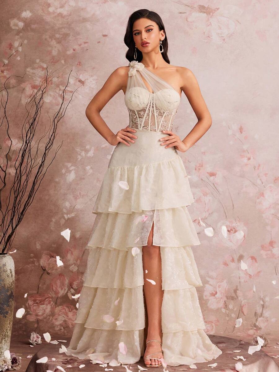 Women's Corset Fishbone Handmade 3D Flower Embroidered Sequin Slanted Shoulder Slit A Line Sexy Dress Adjustable Back Strap Suitable For Different Body ,Elegant Luxurious Long Dress For Women, Making Women Younger And More Charming, Suitable For Various Parties, Graduations, Weddings, Events And Various Banquets Dancing Parties, Formal Ball Gown Party Dress, Wedding Guest Dress ,Evening Dress(Deluxe Edition) - 杏色 - 查看 1