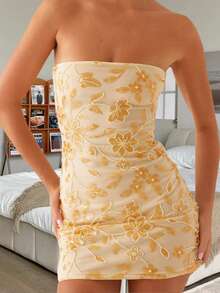 Women's Y2K Summer Beaded Floral Strapless Tube Tops Sparkly Sequin Off Shoulder Sleeveless Open Back Mini Bodycon Dress Club Streetwear - Màu vàng - Xem 1