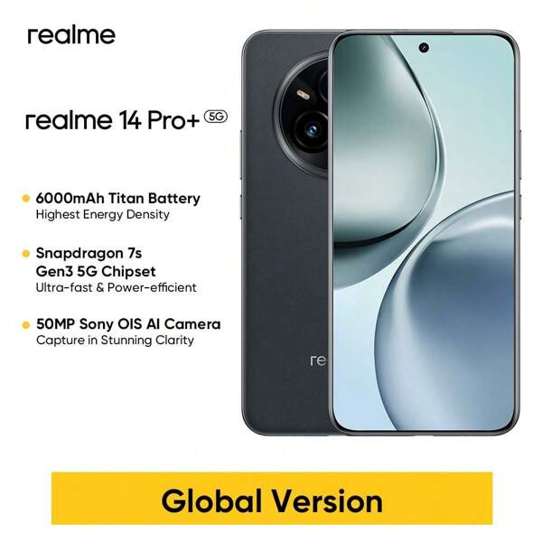 Realme 14 Pro+ Entsperrtes Handy 8GB+256GB / 12GB+512GB, Globale Version, 5G LTE KI, Android 15 Smartphone, Snapdragon 7s Gen3 Prozessor, 6000mAh Langlebiger Akku mit 80W Schnellladefunktion