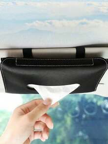 1pc PU Leather Car Sun Visor Hanging Tissue Box, Car Interior Storage Decoration Accessory - Black - View 2