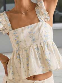 Women's Summer Floral Print Tank Tops Ruffle Cap Sleeve Bow Tie Backless Crop Top Square Neck Ruffle Hem Blouse Tops - 白色 - 查看 2