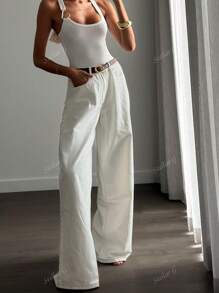 Vintage High Waisted Straight Leg Jeans, Loose Wide Leg Denim Pants, Versatile, Floor-Length, Spring Summer Casual Clothing Cotton Trousers,Office Wear Women,Going Out Outfits,Work Wear Women,White Trousers