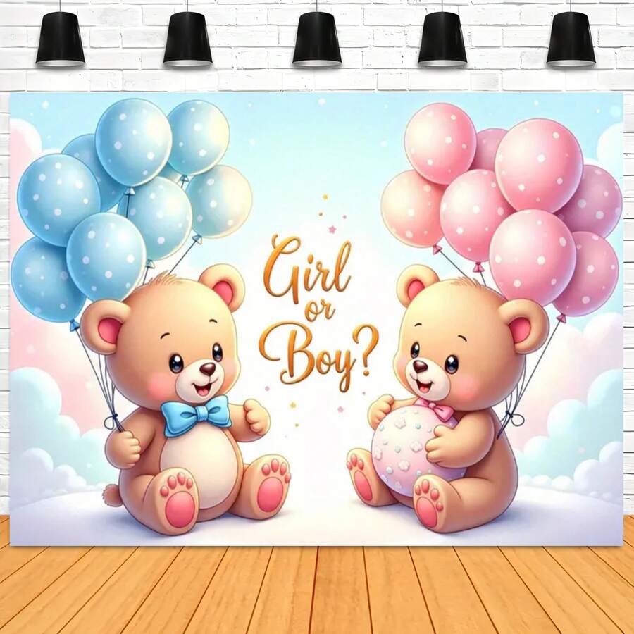Gender Reveal Backdrop, Boy/Girl Family Party Photography Background, Blue Or Pink Bear Banner Prop - G - View 1