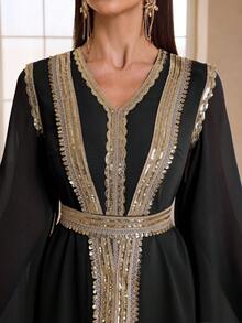 YISIKADO Váy dài tay thắt đai sequin chiffon phong cách Ả Rập dành cho nữ cho những dịp trang trọng - màu đen - Xem 7