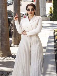 Lupita Cardoza 2pcs Set: Women Elegant Cinched Waist Double-Breasted Jacket And Wide-Leg Pleated Pants - Beige - View 2