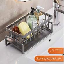 Household New Kitchen And Restaurant Faucet Rack/Multi-Functional Sink Sink Supplies Rack Durable Drain Rack/Sponge Brush Rack With Rod Rag Convenient Storage Artifact Bathroom Brush Soap Rack/Plastic Black/Gray/White