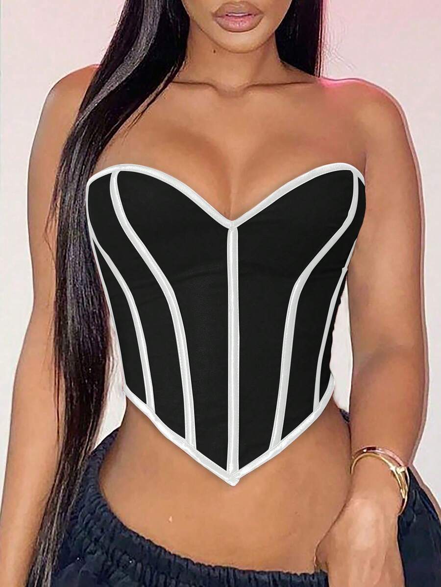 Apperloth A Rave Romantic Bustier, Lace-Up Backless Boned Crop Top, Club Bandeau Camisole Summer - Black and White - View 1