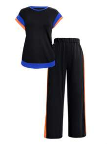 Spring Summer Women's Casual Fashion Color-Block Two Pieces Set: Short Sleeve Round Neck Loose Top With Long Pants, Versatile Outfit For Outings