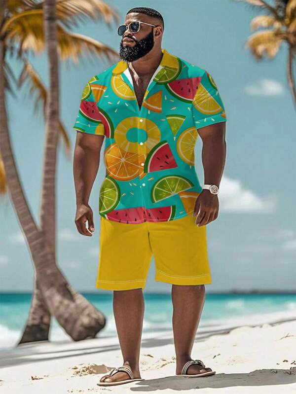 2pcs Plus Size Men's Casual Printed Short Sleeve Shirt And Shorts Set, Minimalist Style For Everyday Wear