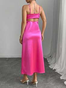 女士优雅时尚吊带长裙 - 玫紅色 - 查看 2