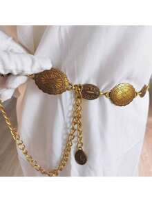 Vintage Oval Flower Retro Pattern Waist Chain, Distressed Finish, Versatile Bohemian For Women - Silver - View 7