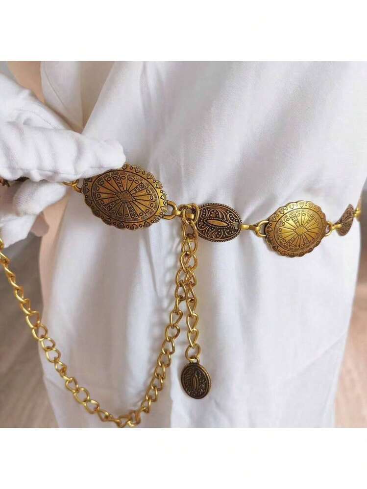 复古椭圆形花朵复古图案腰链，做旧饰面，百搭波西米亚风女款 - 銀色 - 查看 7