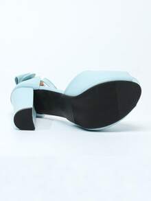 Gentle Style Bowknot Thick Sole Chunky Heel Sandals Women's Rhinestone Pendant Ankle Strap Open Toe Party Bridal Height-Increasing Pumps - Baby Blue - View 7