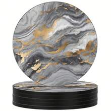 6pcs/Set Gold Marble Coasters, 4 Inches (10.16cm) Diameter, Designed For Drinks, Made Of Absorbent Rubber Material With Non-Slip Bottom, Ideal For Home Kitchen Or Bar Decoration, Also Great Housewarming Gift