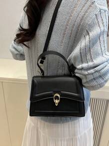 Bolso de mano elegante de unicolor, cartera con solapa de estilo retro para mujeres, bolso bandolera con asa superior de PU