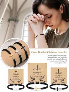 Goodwaro 1 件 18K 镀金不锈钢基督教礼物十字架手链，男/女手工编织信仰励志祈祷珠宝礼物 - 黑色 - 查看 12