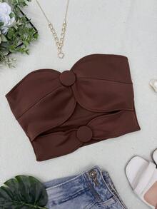 ELLIE Women's Strapless Crop Top With Button Details - 深棕色 - 查看 1