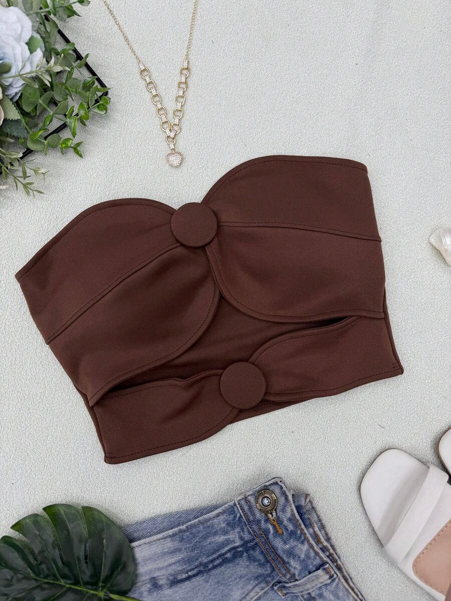 ELLIE Women's Strapless Crop Top With Button Details - 深棕色 - 查看 1