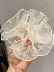 1pc Women's French Retro Organza Pearl Hair Scrunchie, Fashionable High-End Hair Accessory, Mesh Hair Decoration ,Ponytail Holders ,Hair Elastics ,Hair Rubber Bands ,Hair Rope ,Elastic Hair Tie - Black and White - View 3