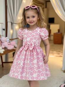 少女提花蝴蝶结泡泡袖连衣裙，清新田园风，短袖，柔软亲肤面料适合日常外出、下午茶约会、度假拍照，适合4-7岁女孩，春夏