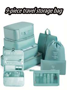 Juego de 9 en 1 Organizador de almacenamiento de viaje, cubos de embalaje plegables para el equipaje que incluyen bolsa de aseo, bolsa de maquillaje, bolsa de ropa interior, bolsa de zapatos, organizador de lencería y calcetines, bolsas de almacenamiento plegables para la ropa, adecuado para maletas