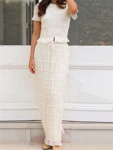 Women's Ruched Maxi Skirts Set Casual Summer 2 Piece Outfits Solid Color Pleated Short Sleeve Button Up Shirt Crop Top + Elastic Waist Long Skirts Holiday Beachwear Clothes Set - Beige - View 8