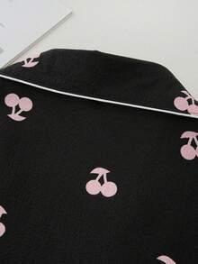 Conjunto de pijama informal de 3 piezas con estampado de cerezas para mujeres, compuesto por top de manga corta, pantalones cortos y pantalones, apto para uso en casa y exteriores, apto para primavera/verano - Negro - Ver 3