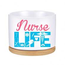 1pc Ceramic Planter Pot With Bamboo Tray (3.6"X2.6"), Succulent Planter, Nurse Life Theme - Nurse Cap, Stethoscope, Pill Elements With "Nurse Life" Text, Planter Pot Gift, Yard Decor, Desktop Decoration