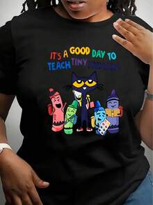 Creative Element Cartoon Letters Women'S  T-Shirt, Round Neck, Short Sleeves, Easy Casual Sports Tee, Comfortable Summer Top For Holidays - Black - View 1