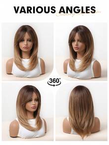 16 Inch Middle Long Straight Hair Brown To Blonde Wig Dark Roots Synthetic Wigs Heat Resistance Hair With Side Bangs Wigs For Women - Brown Ombre - View 9