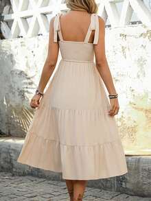Womens Summer Maxi Dress Sleeveless Spaghetti Strap Tie Back Ruffle Tiered Flowy Dresses - White - View 4