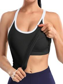 1 件女式纯色撞色条纹固定衬垫运动吊带背心 - 黑色 - 查看 4